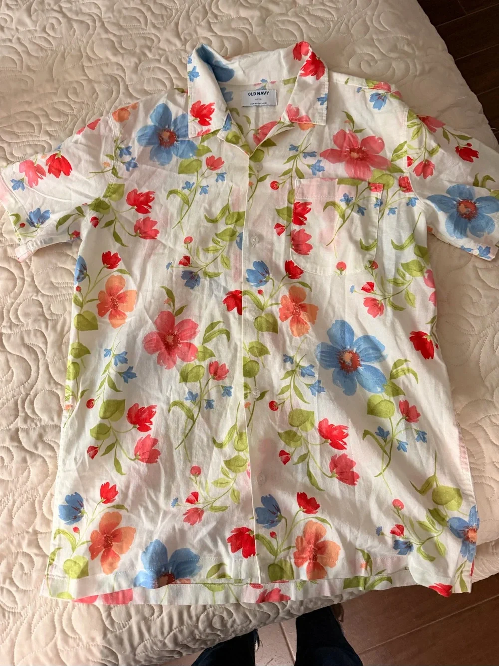 NWT Old Navy White Floral Short-Sleeve Button-Down Shirt – Multicolor Bloom XXL
